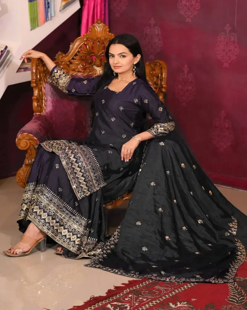 Black colour chinnon silk heavy embroidery work fully stitched salwar suit