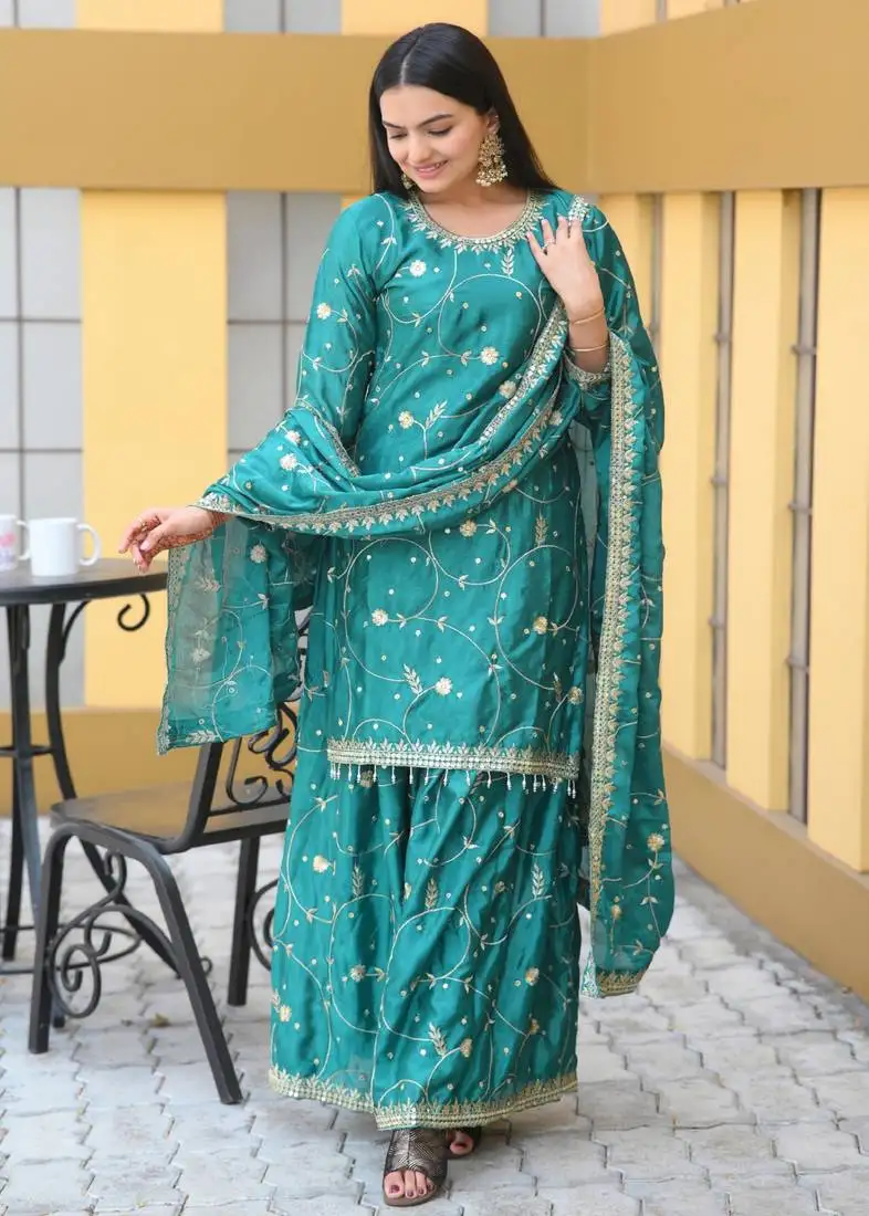 Green colour chinnon silk heavy embroidery work fully stitched salwar suit