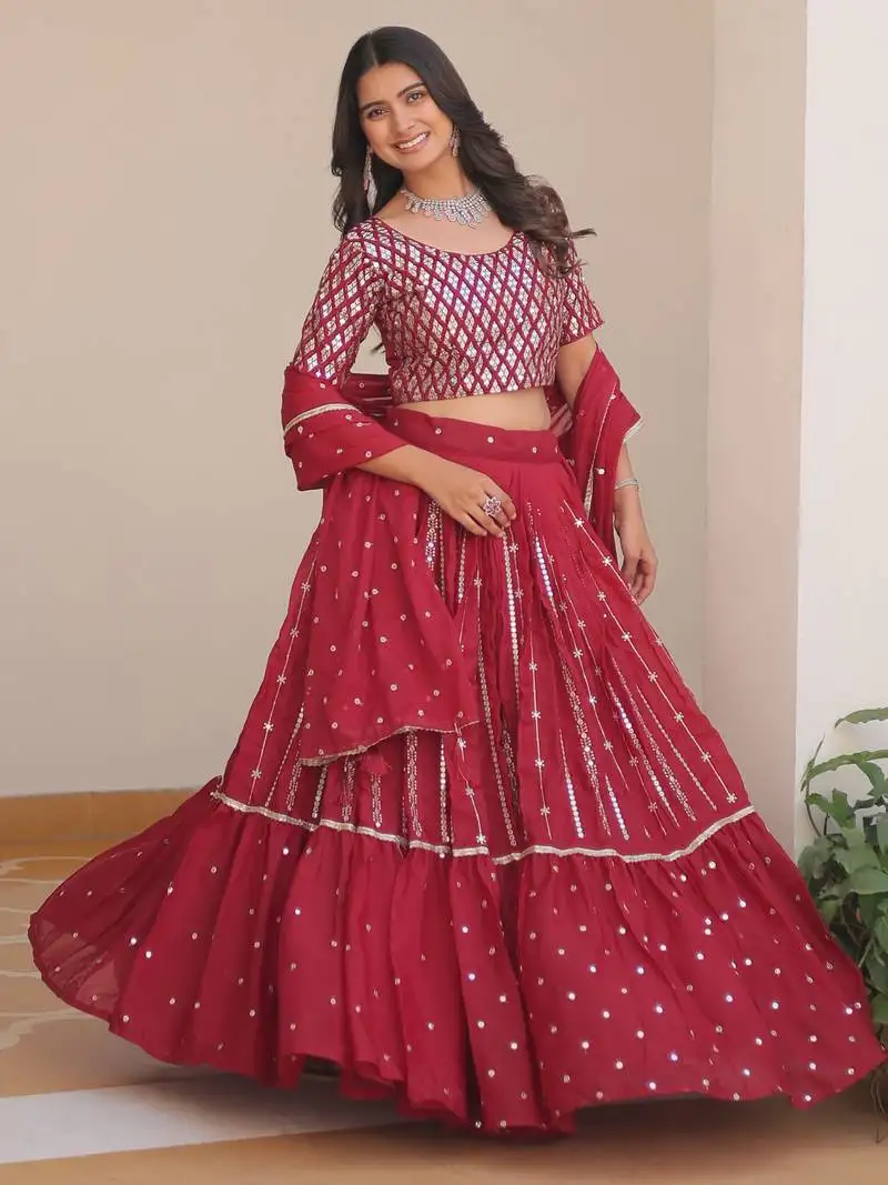 Red sequins georgette festival wear lehenga choli with dupatta