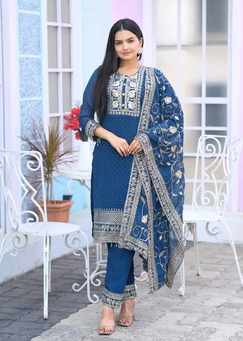 Blue colour faux georgette silk heavy embroidery work fully stitched salwar suit
