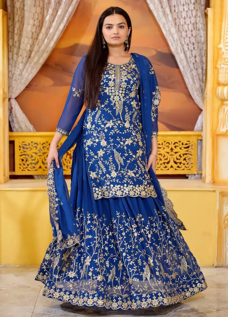 Blue colour georgette heavy embroidery work fully stitched lehenga suit set