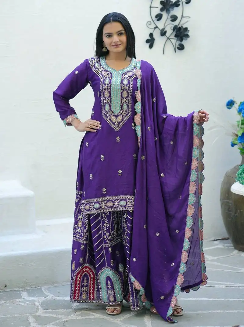 Purple colour chinnon silk heavy embroidery work fully stitched sharara suit