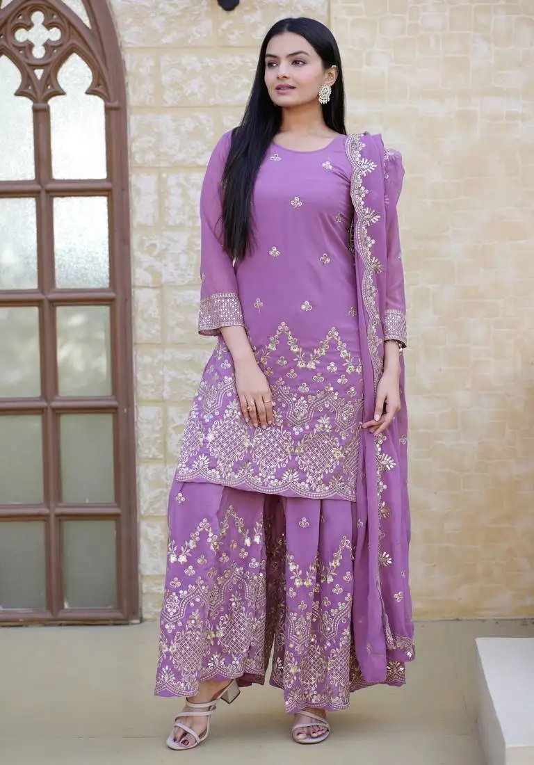 Lavender colour georgette heavy embroidery work fully stitched sharara suit set