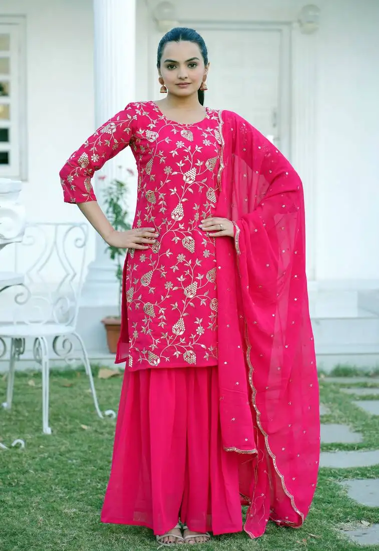 Pink colour faux georgette heavy embroidery work fully stitched sharara suit