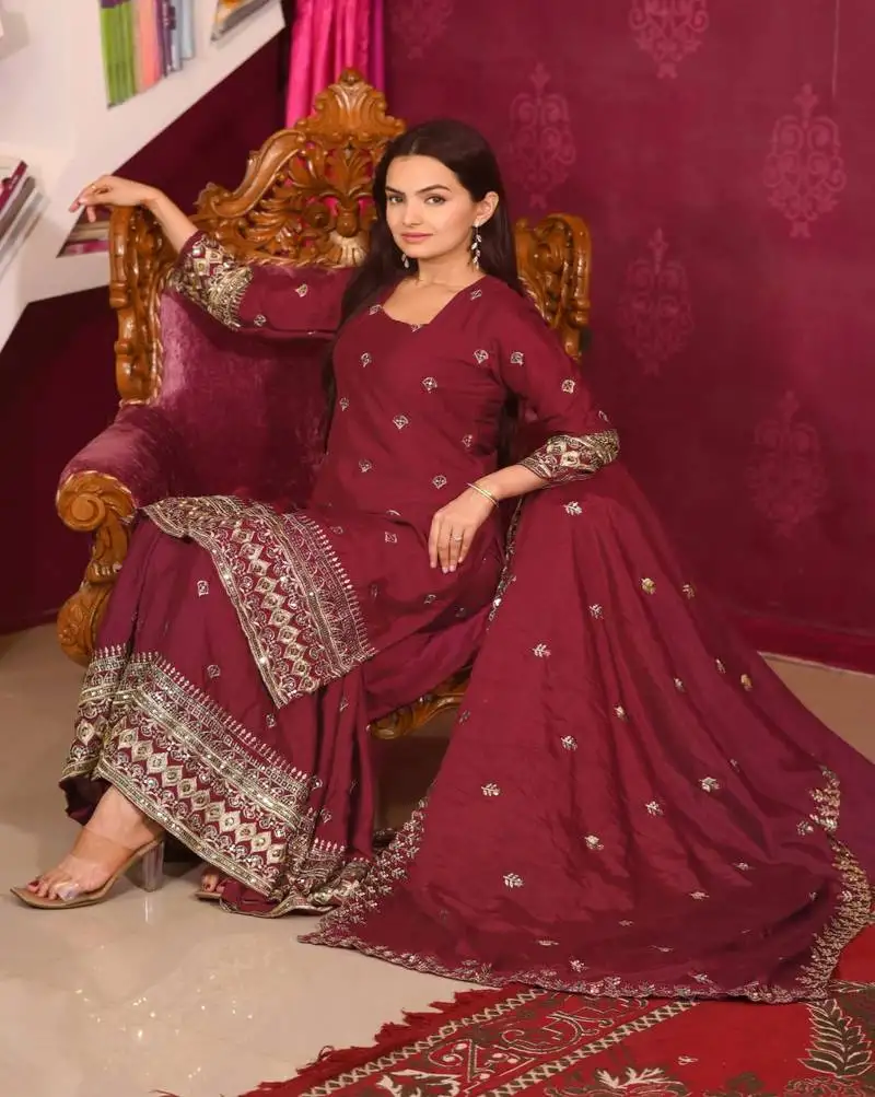 Maroon colour chinnon silk heavy embroidery work fully stitched salwar suit