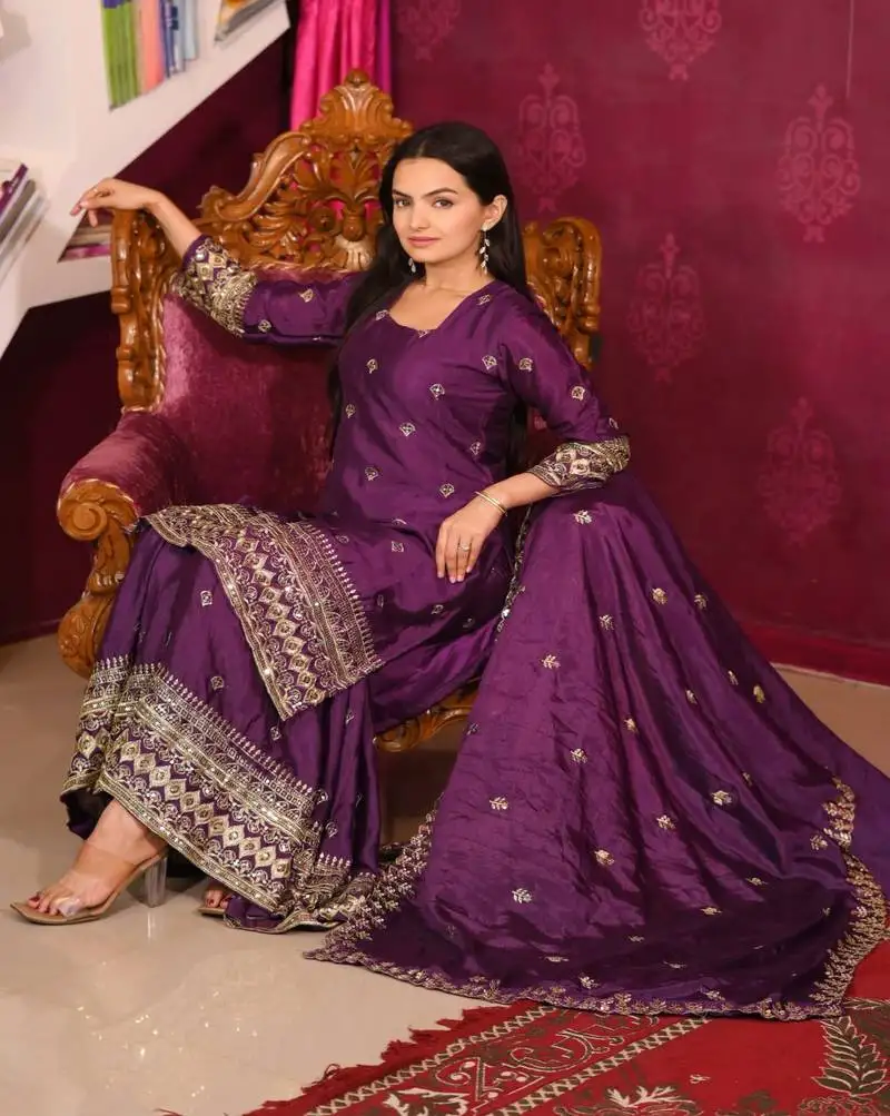 Wine colour chinnon silk heavy embroidery work fully stitched salwar suit