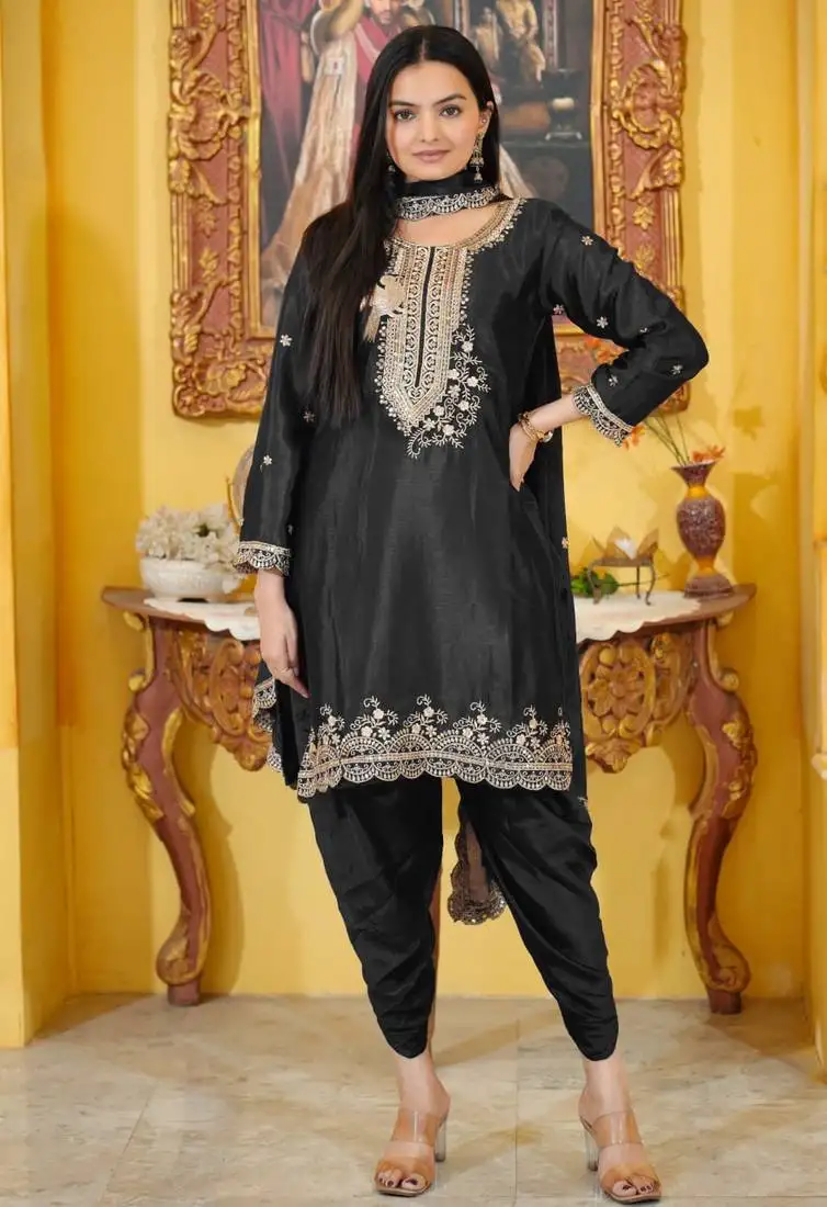 Black colour chinon silk heavy emboridery work fully punjabi salwar suit stitched