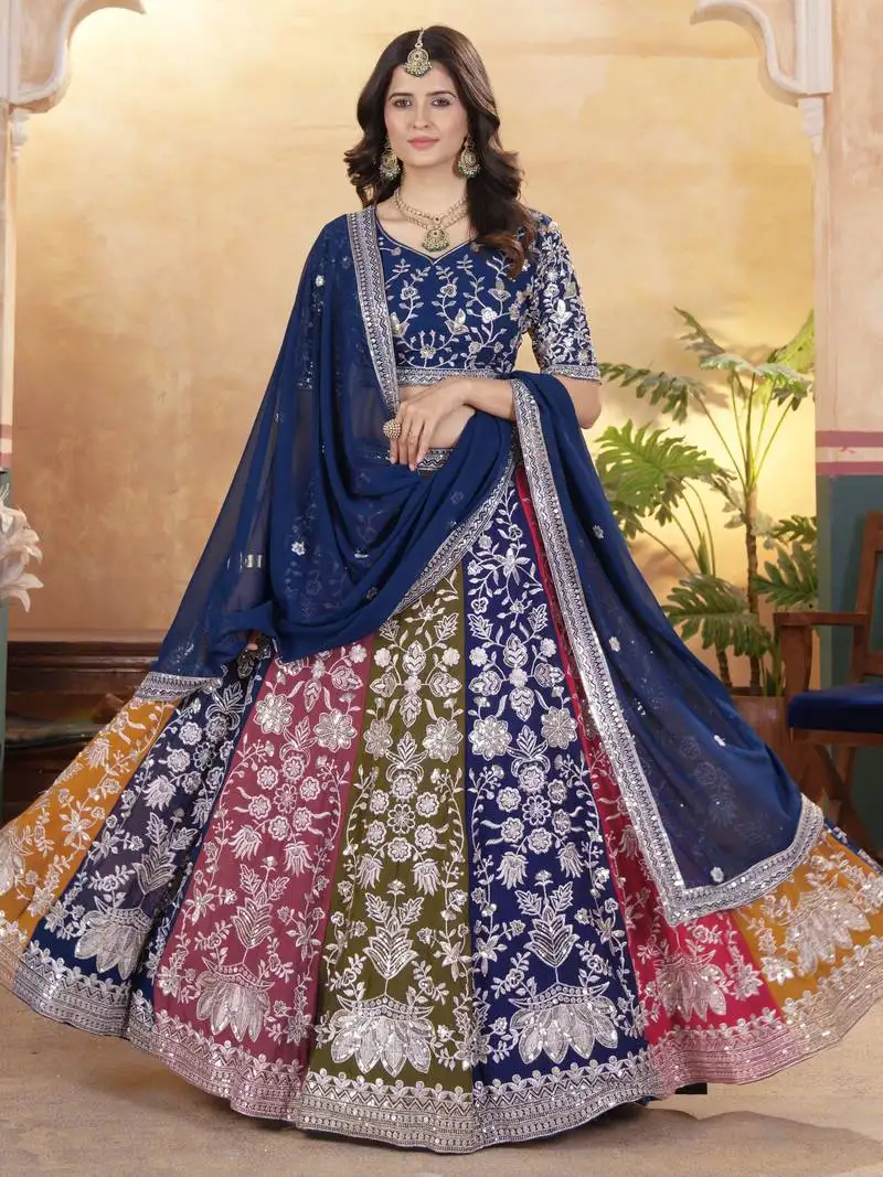 Multi-color thread embroidered georgette wedding lehenga choli