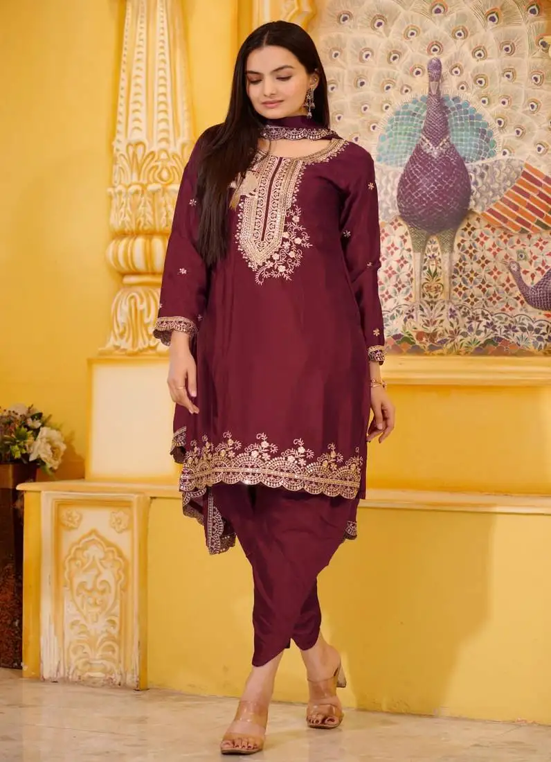 Maroon colour chinon silk heavy embroidery work fully punjabi salwar suit stitched