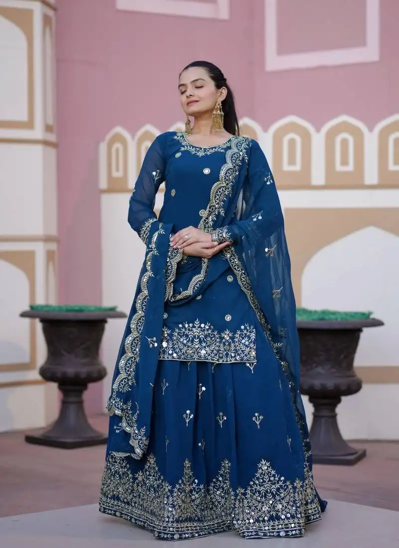 Blue colour faux georgette fully stitched sharara suit