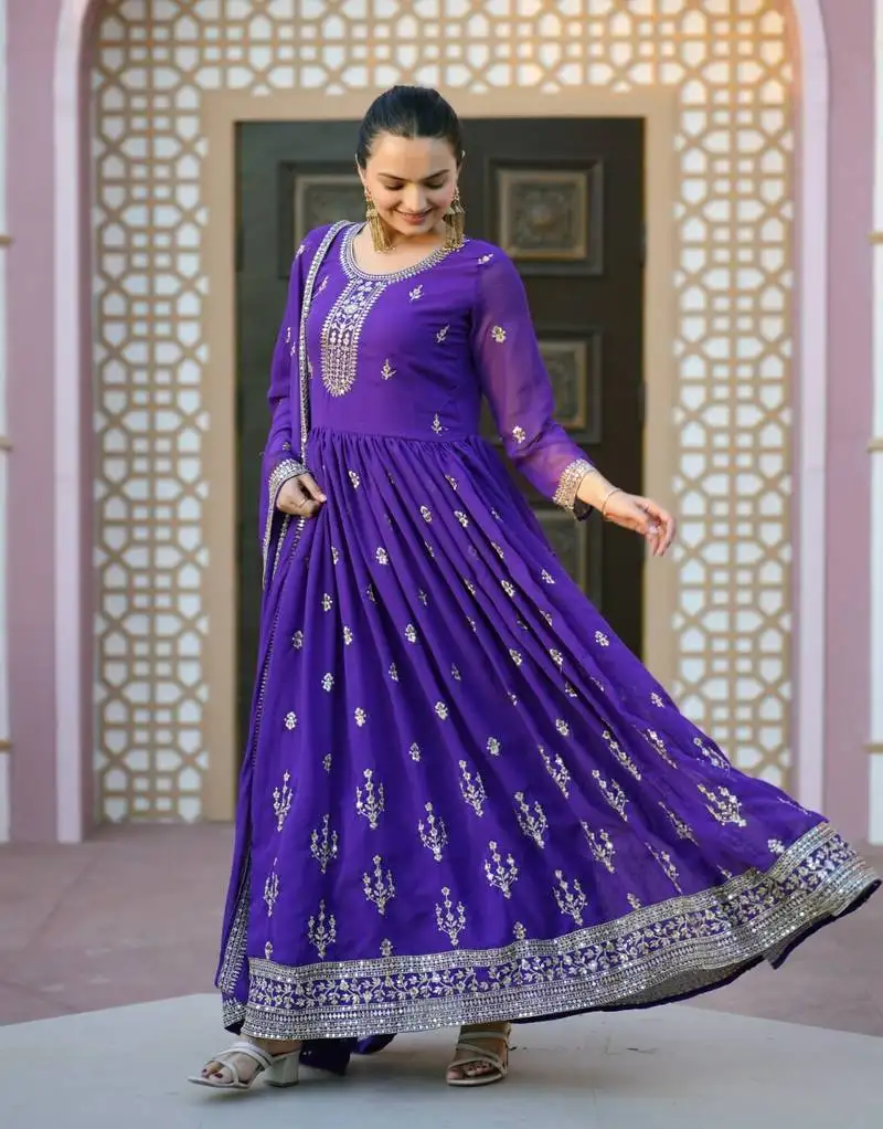 Purple colour georgette fabric heavy emrboidery work fully stitched salwar suit