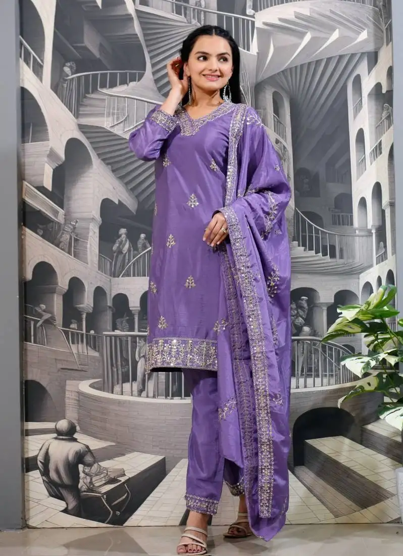 Lavender colour chinnon silk heavy emrboidery work fully stitched salwar suit