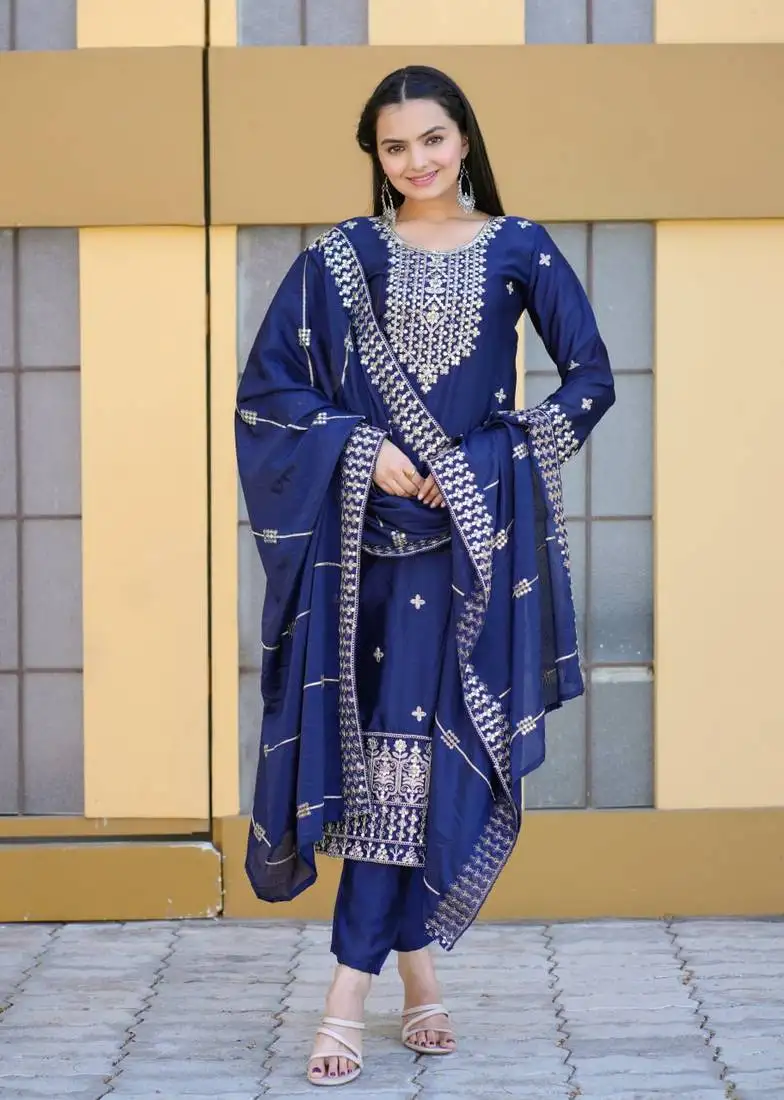 Blue colour chinnon silk heavy emrboidery work fully stitched salwar suit