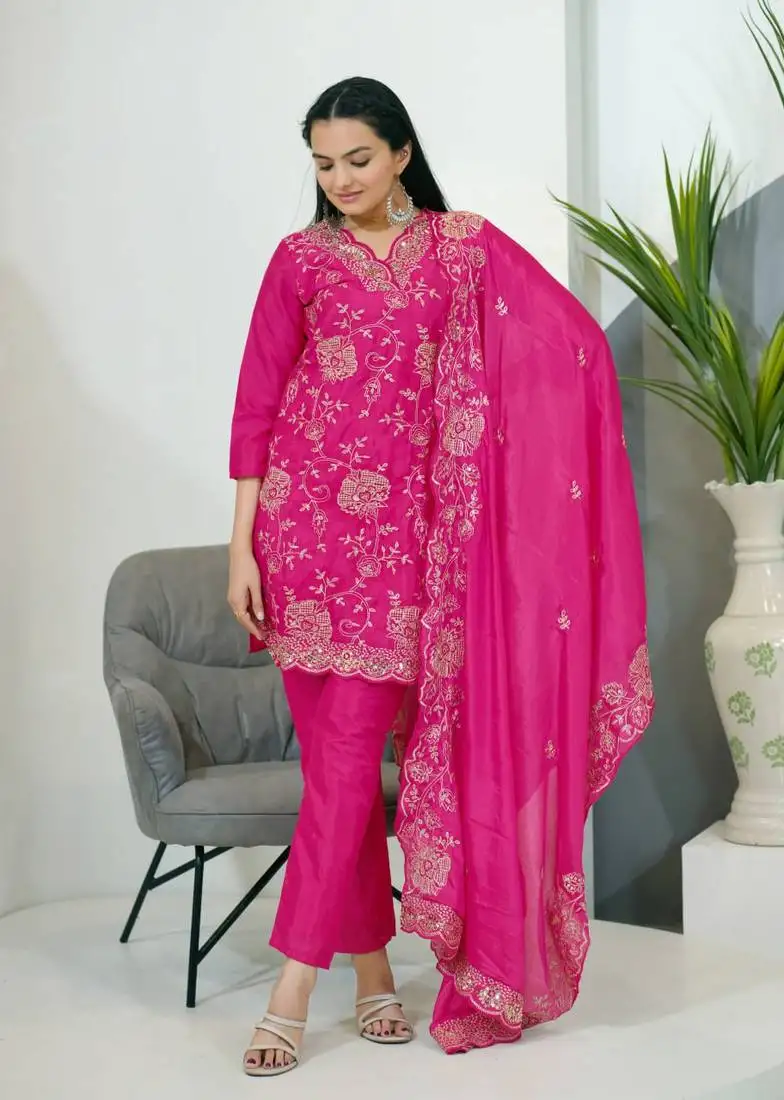 Pink colour chinnon silk heavy emrboidery work fully stitched salwar suit