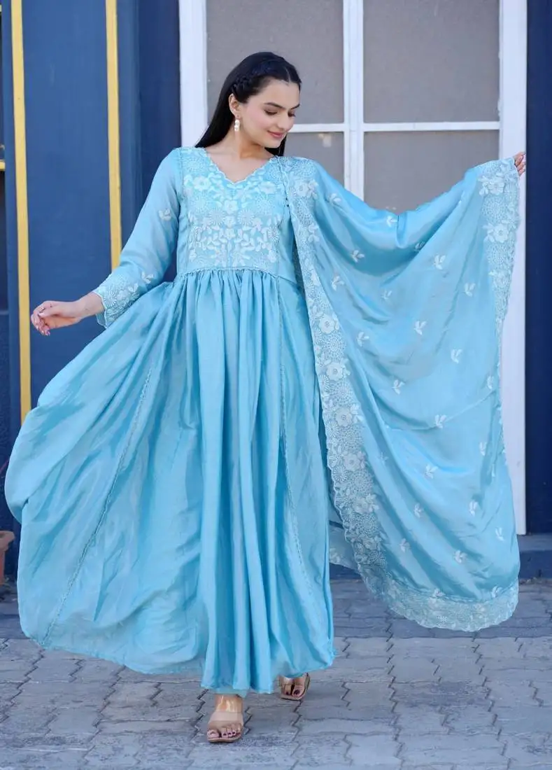 Sky blue colour chinnon silk heavy emrboidery work fully stitched salwar suit