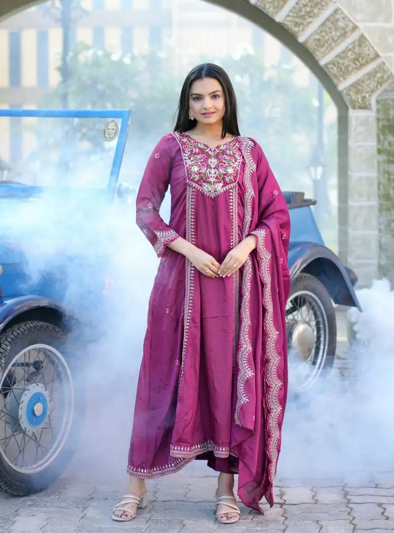 Wine colour chinnon silk heavy emrboidery work fully stitched salwar suit