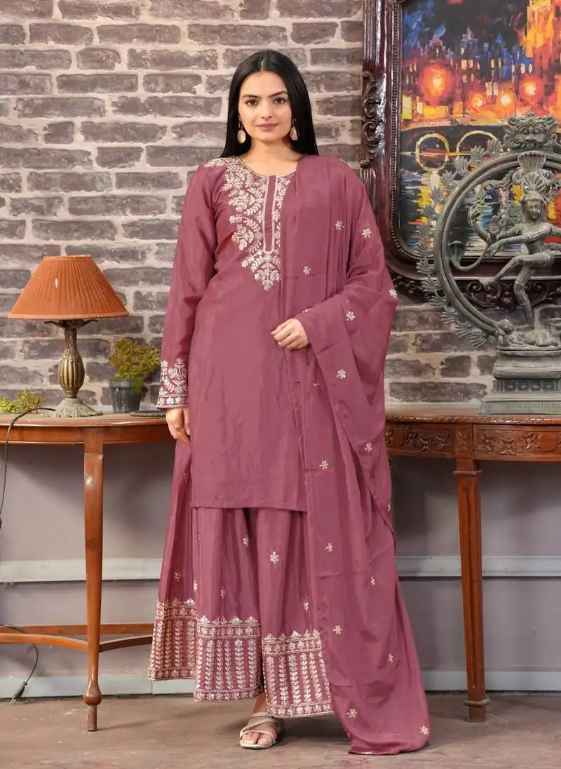 Wosewood colour chinnon silk heavy emrboidery work fully stitched sharara suit
