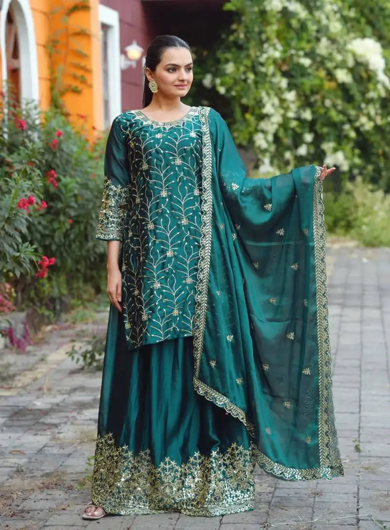 Dark teal colour rangoli silk heavy emrboidery work fully stitched suit