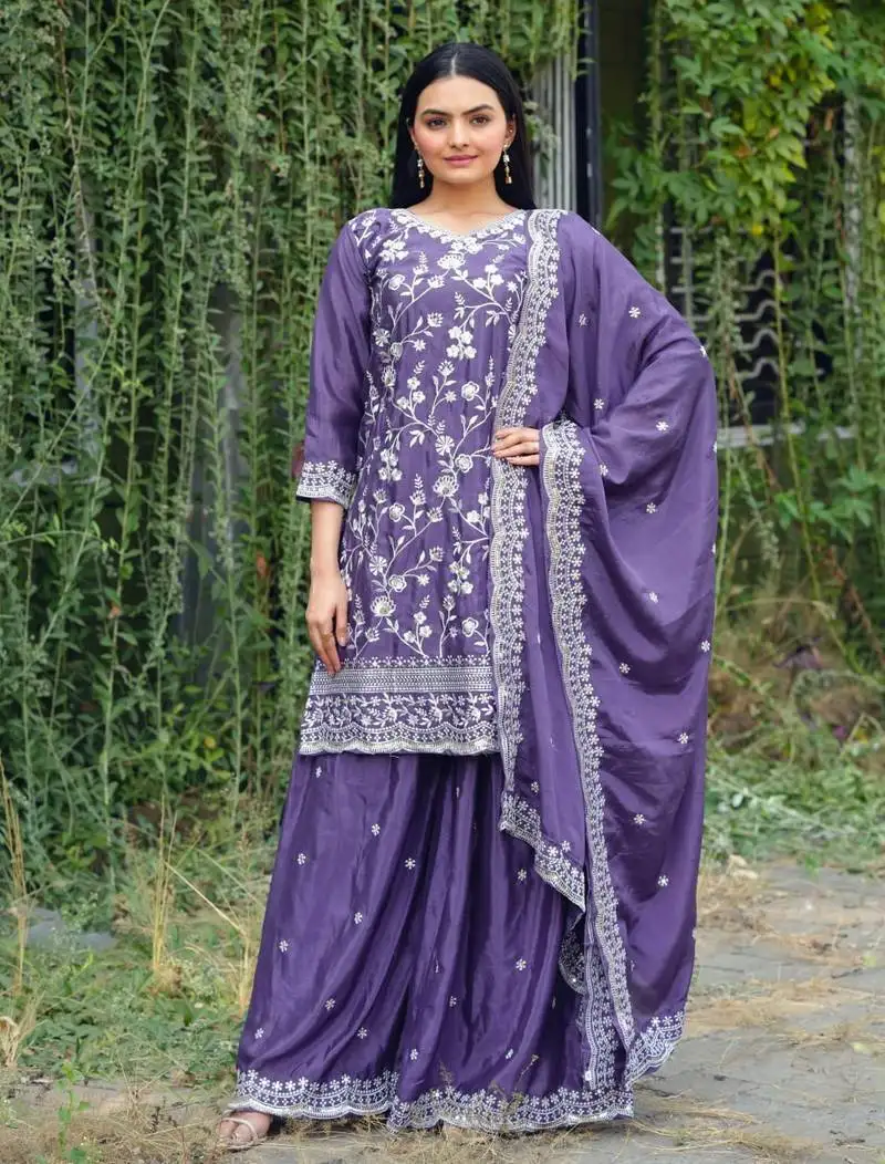 Lavender colour chinnon silk heavy emrboidery work fully stitched sharara suit