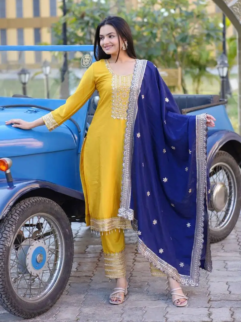 Yellow colour chinnon silk heavy emrboidery work fully stitched salwar suit