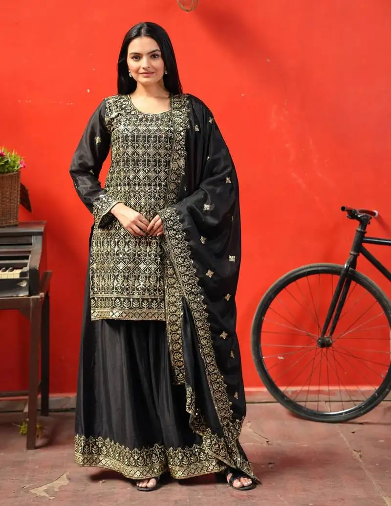 Black colour chinnon silk heavy emrboidery work fully stitched sharara suit