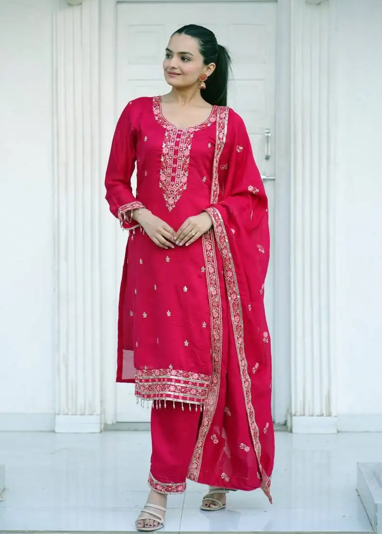 Rani colour vichitra silk heavy emrboidery work fully stitched salwar suit