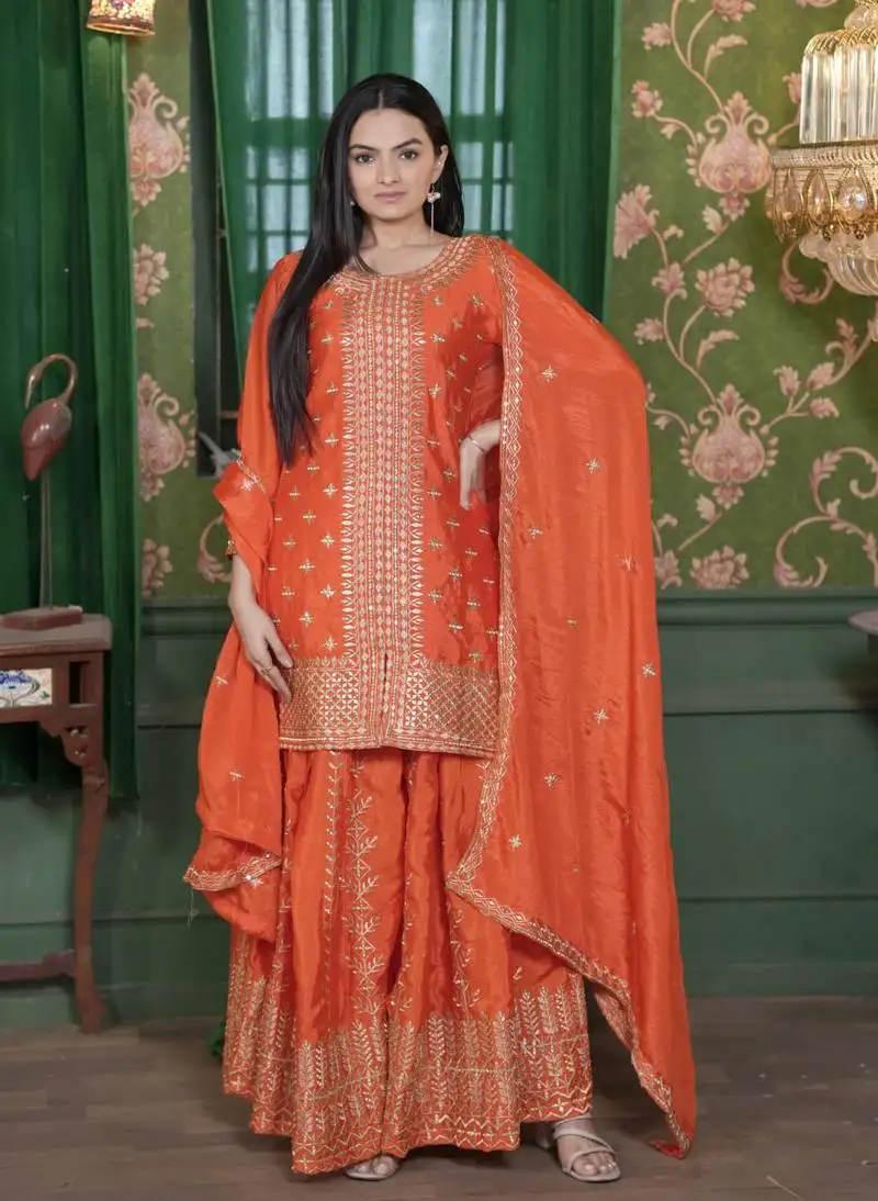 Orange colour chinnon silk heavy emrboidery work fully stitched sharara suit