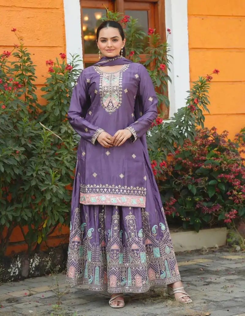 Dark lavender colour chinnon silk heavy emrboidery work fully stitched sharara suit