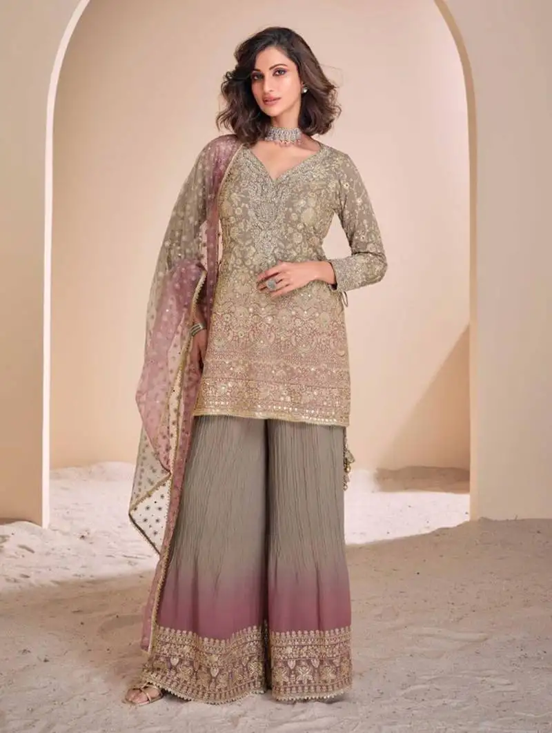 Rust & chiku zari & sequence work georgette palazzo suits( full-stitched free-size)