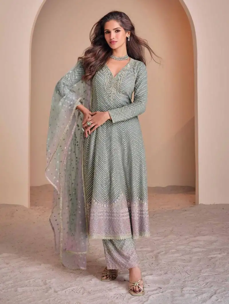 Grey & pink zari & sequence work georgette salwar kameez( full-stitched free-size)