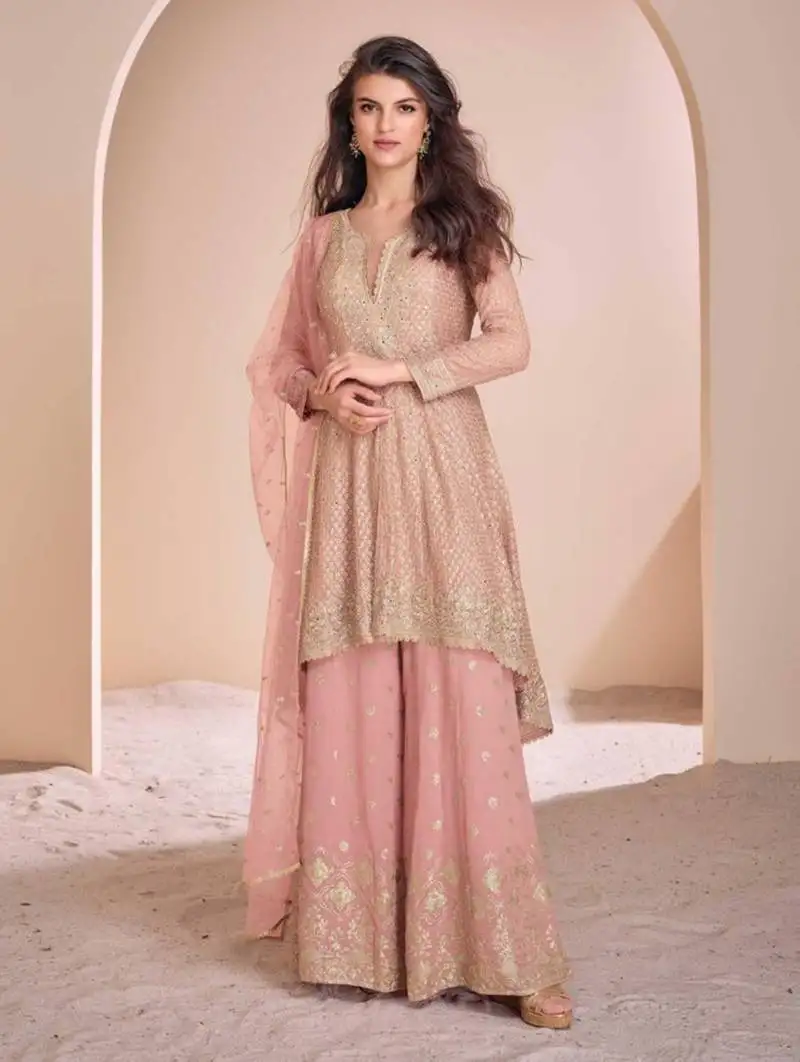 Peach zari & sequence work georgette palazzo suits ( full-stitched free-size)