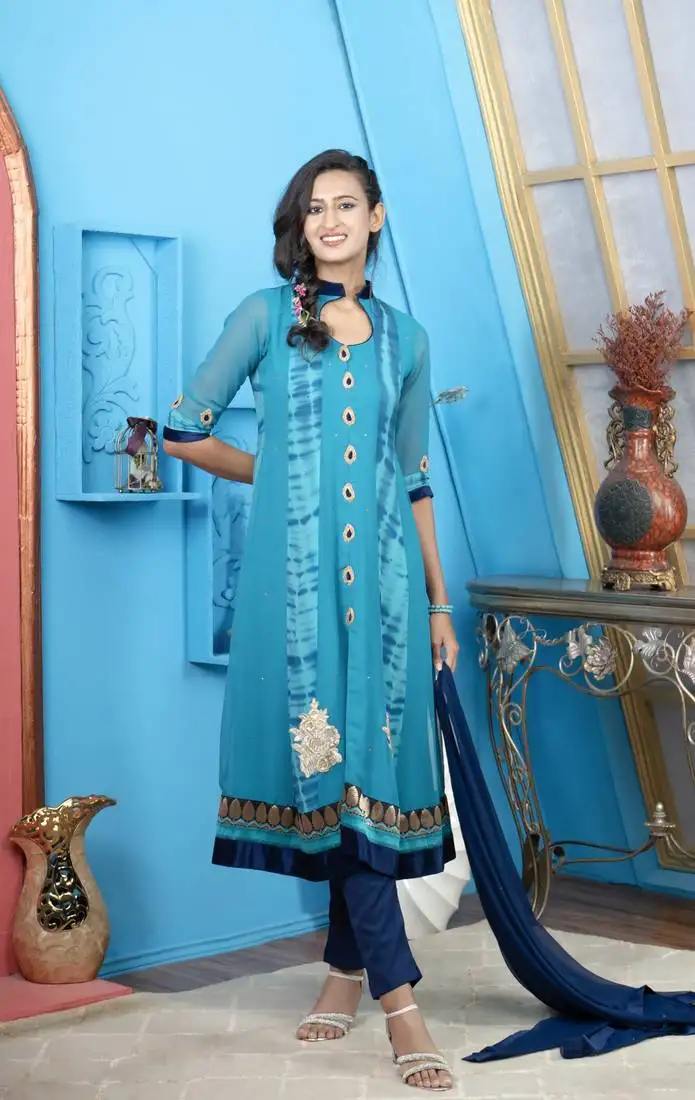 Blue embroidered georgette stitched a line trouser kurta & dupatta