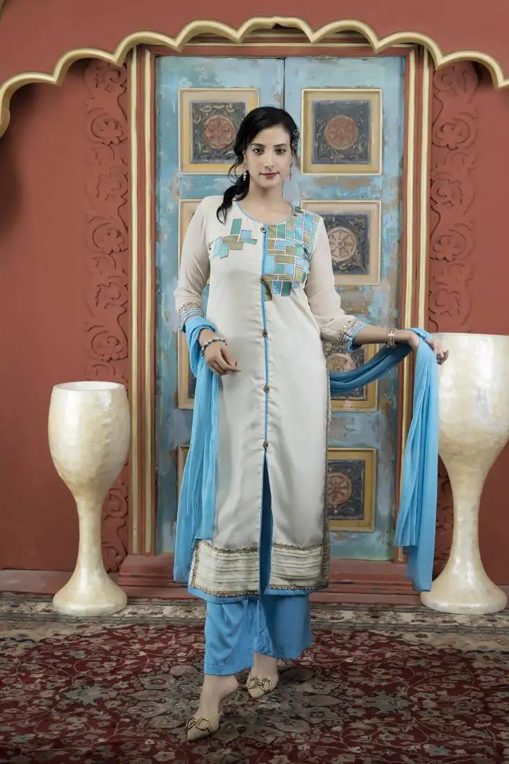 Cream embroidered georgette stitched straight cut trouser kurta & dupatta