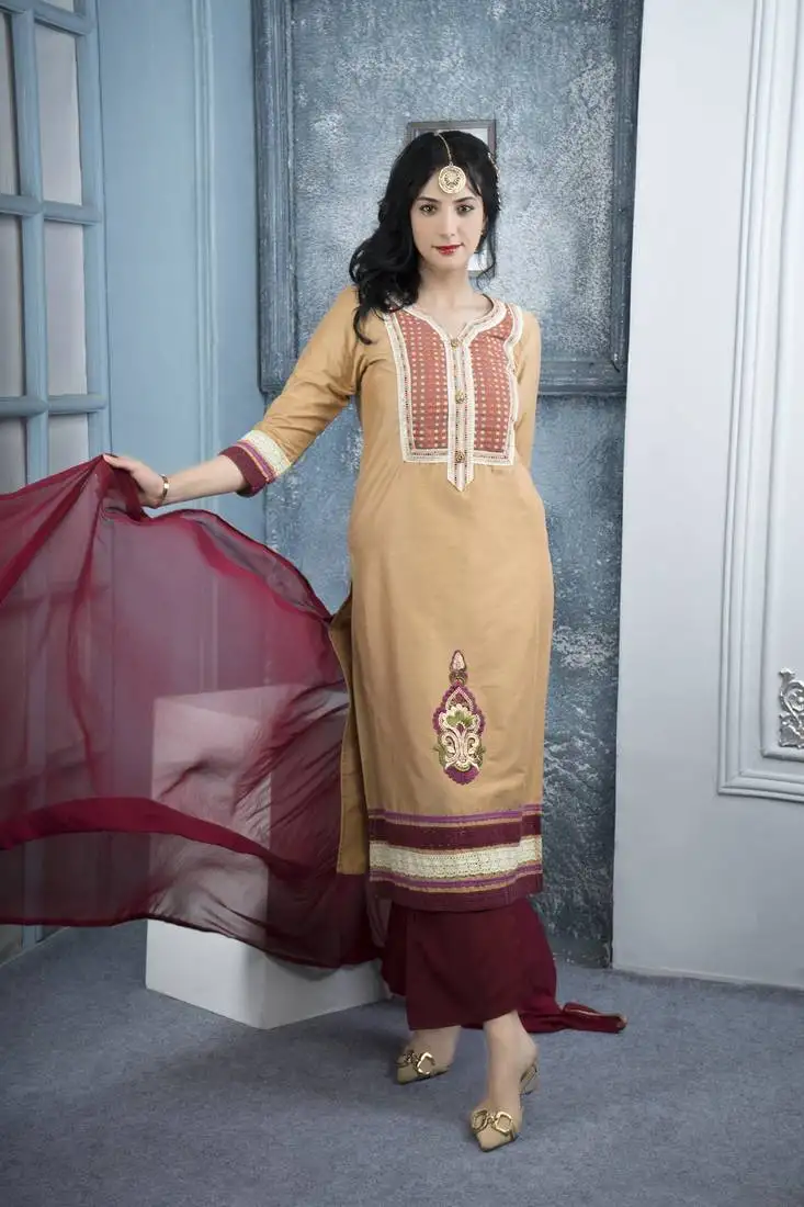 Beige embroidered cotton silk stitched straight cut trouser kurta & dupatta