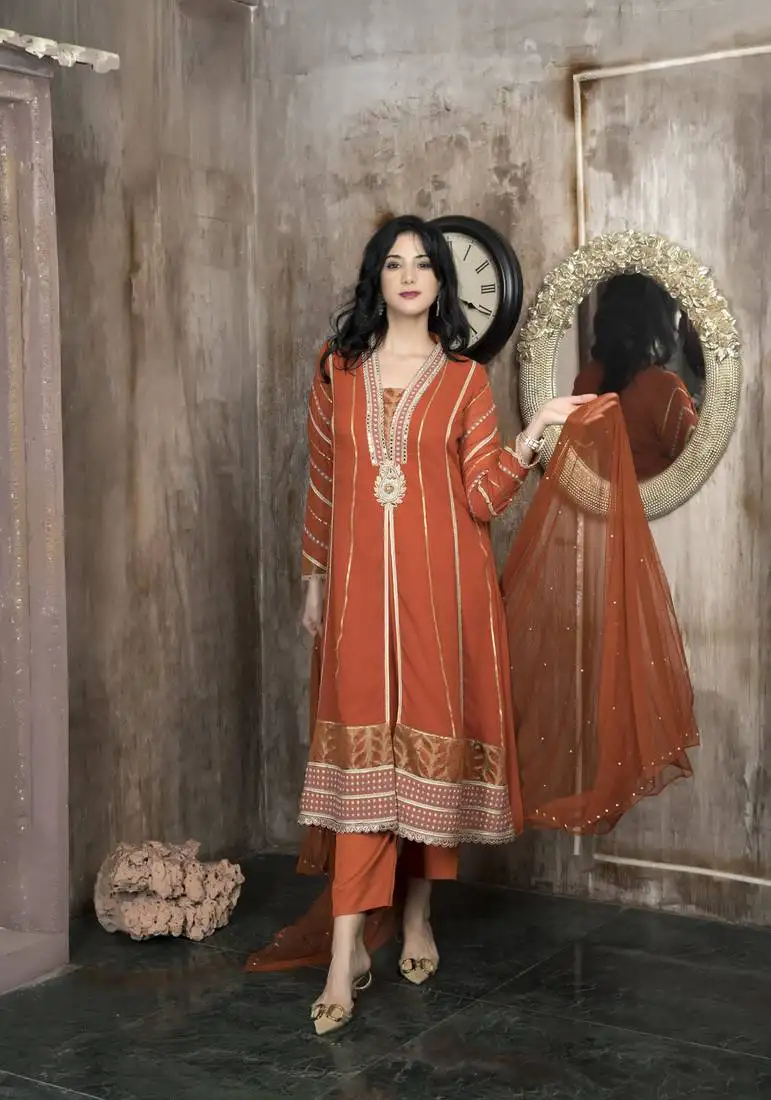 Orange embroidered georgette stitched a line trouser kurta & dupatta