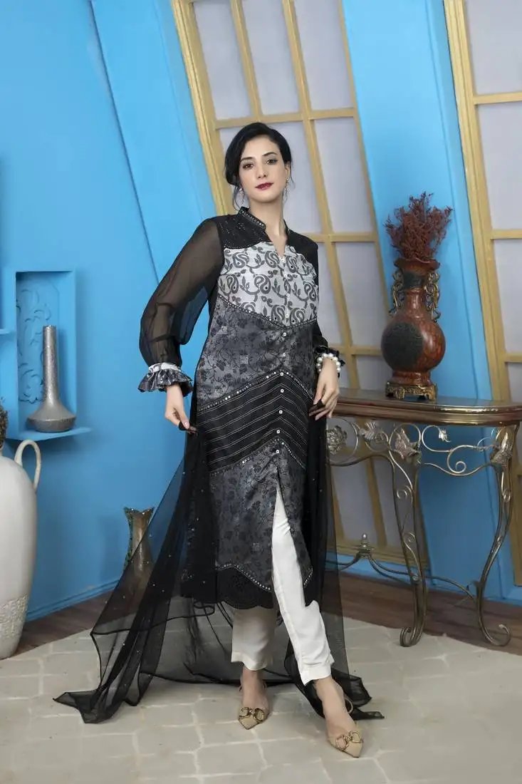 Black embroidered chanderi silk stitched a line trouser kurta & dupatta