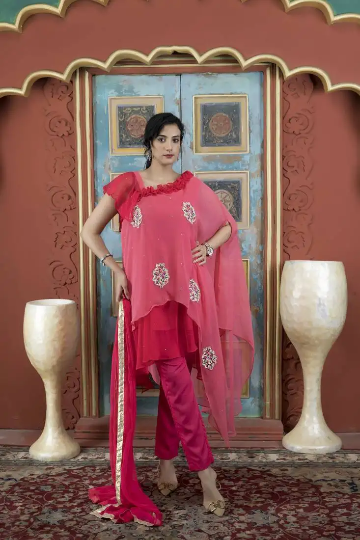 Light-pink embroidered georgette stitched asymmetrical trouser kurta & dupatta