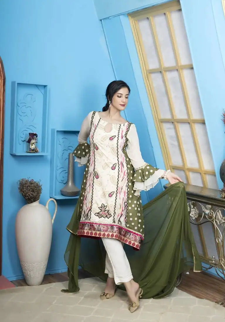 Cream embroidered georgette stitched a line trouser kurta & dupatta