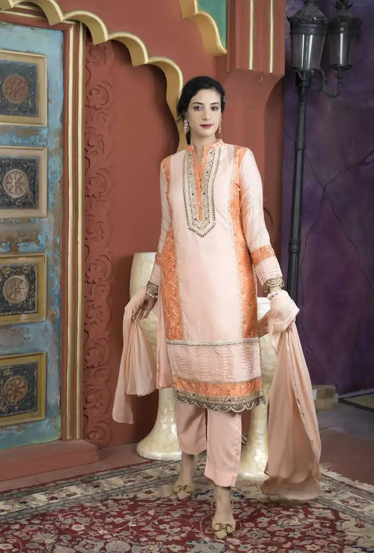 Light-peach embroidered chanderi stitched straight cut trouser kurta & dupatta