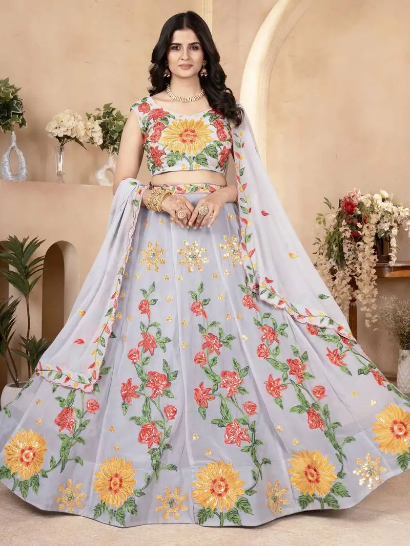 Grey floral embroidered georgette engagement wear lehenga choli