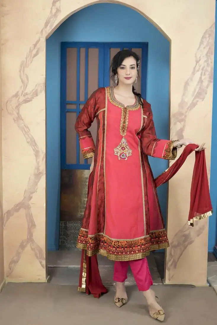 Light-pink embroidered chanderi silk stitched a line trouser kurta & dupatta