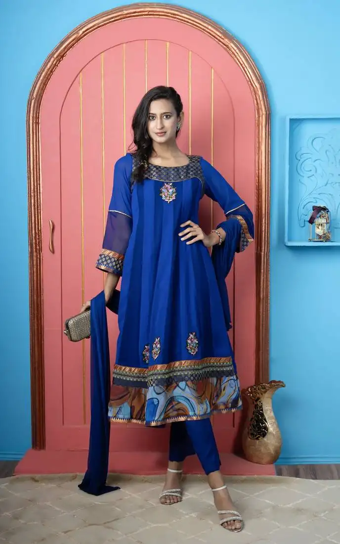 Royal-blue embroidered georgette stitched anarkali trouser kurta & dupatta
