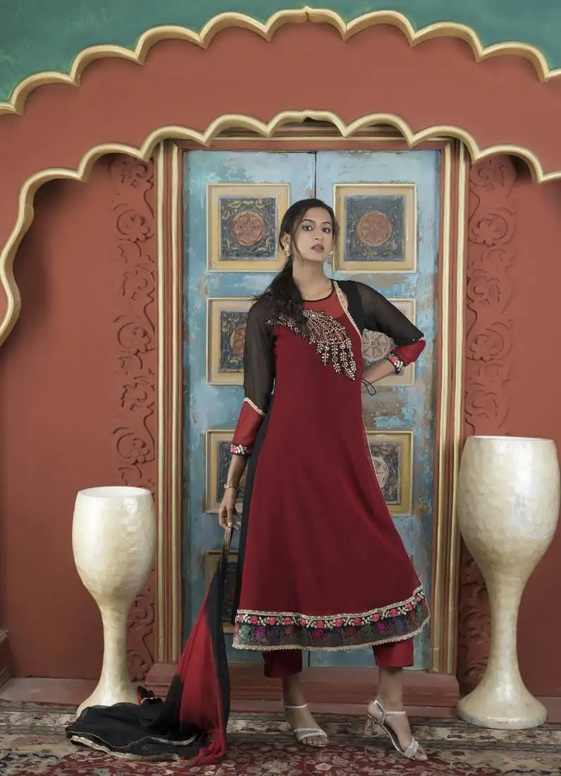 Maroon embroidered georgette stitched asymmetrical trouser kurta & dupatta
