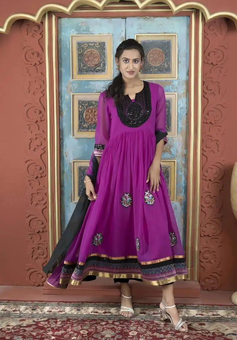 Pink embroidered georgette stitched a line trouser kurta & dupatta