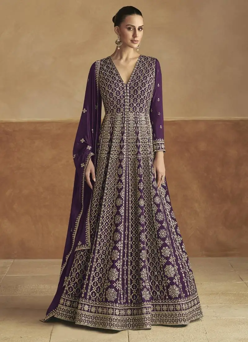 Purple chinon embroidered anarkali suit stitched