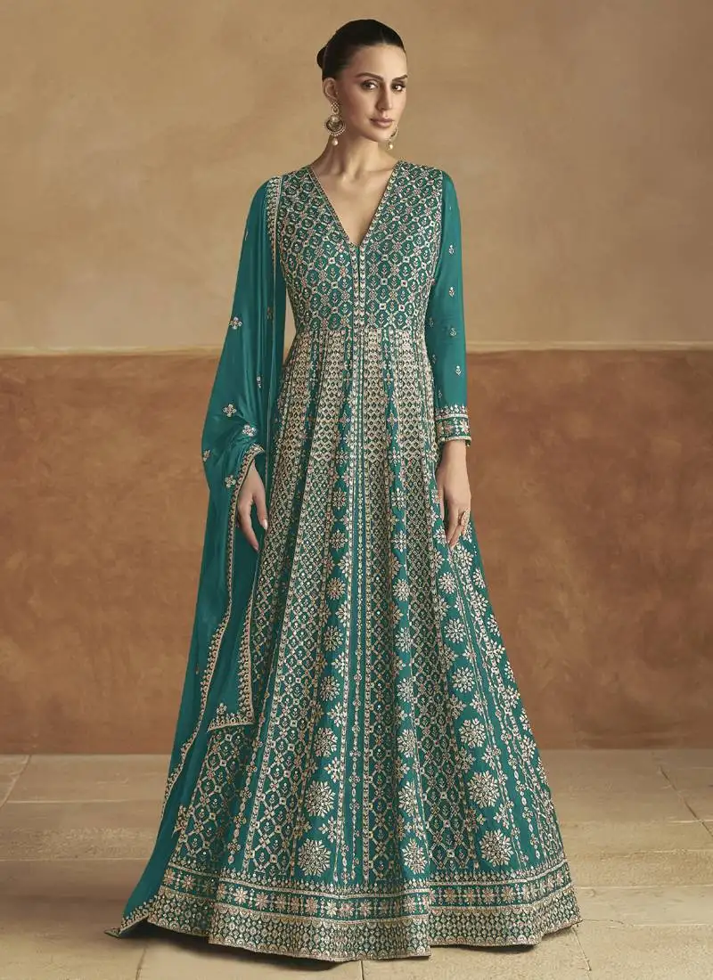 Teal chinon embroidered anarkali suit stitched