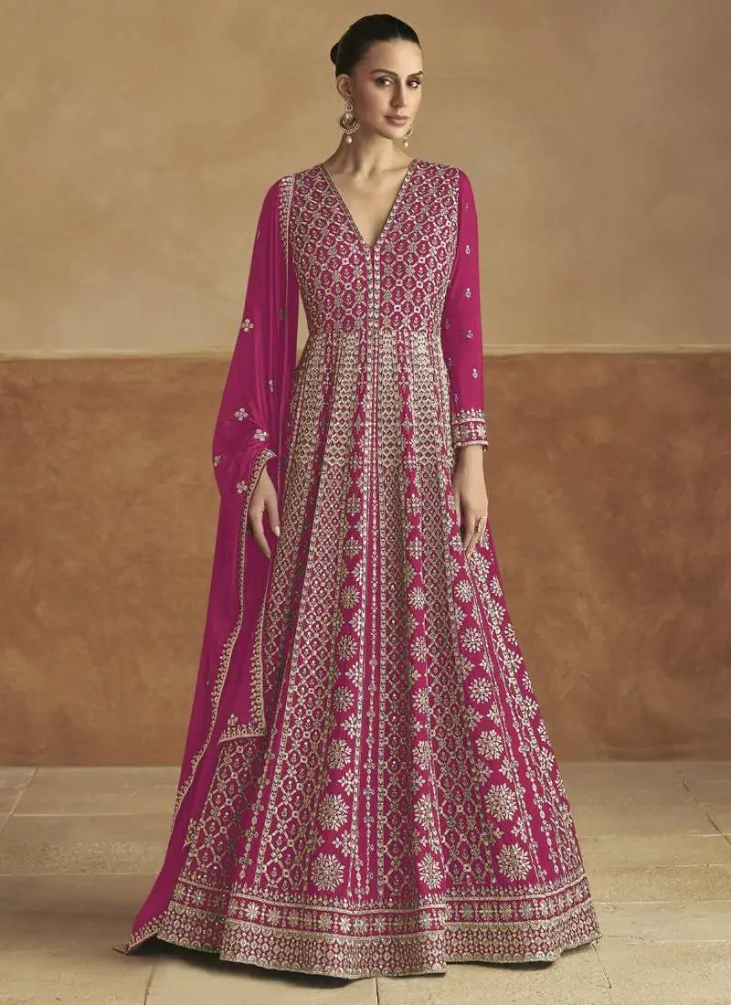 Pink chinon embroidered anarkali suit stitched