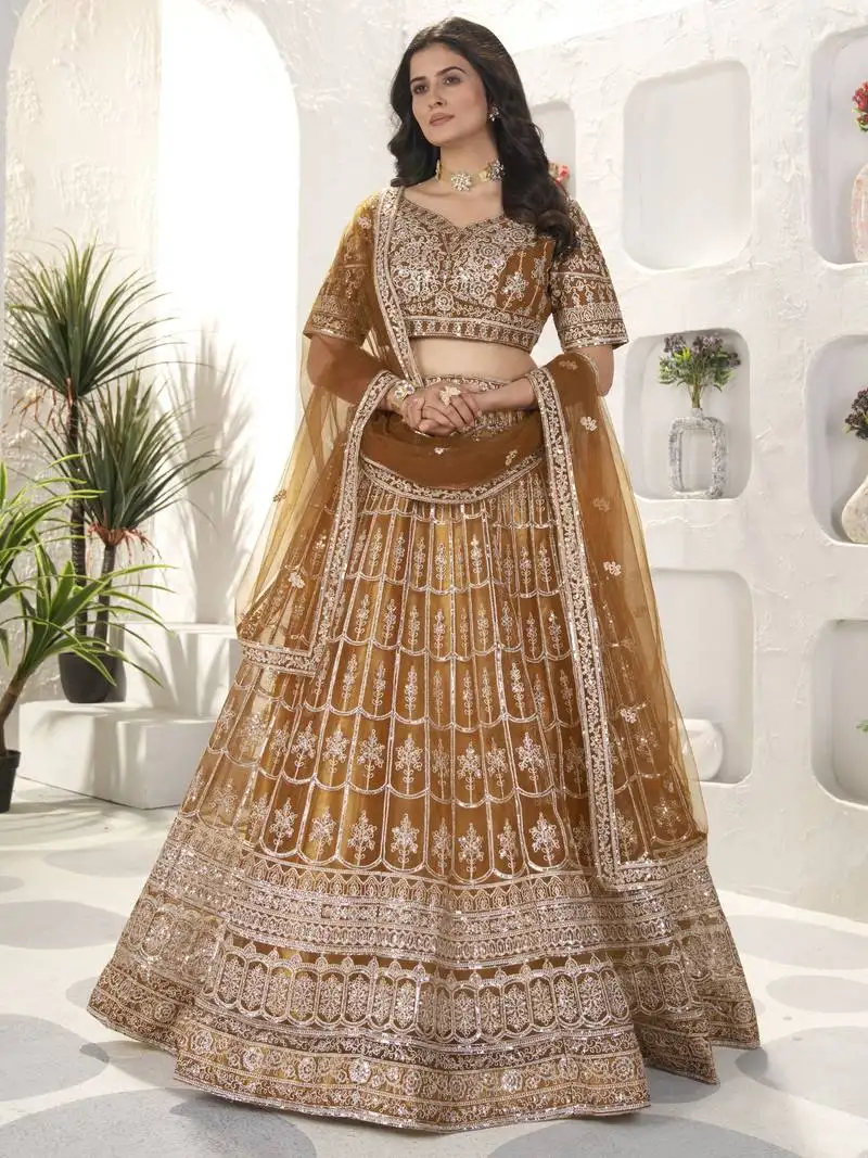 Brown sequins net designer lehenga choli with dupatta