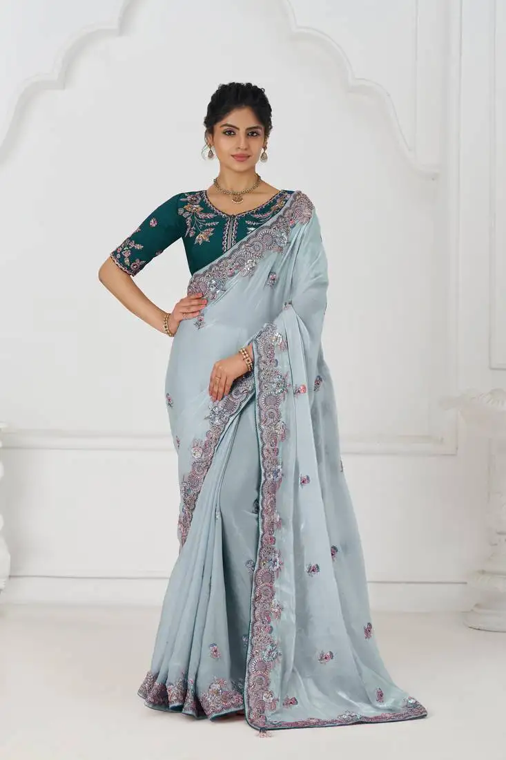 Aqua blue multicolor embroidery with floral design saree
