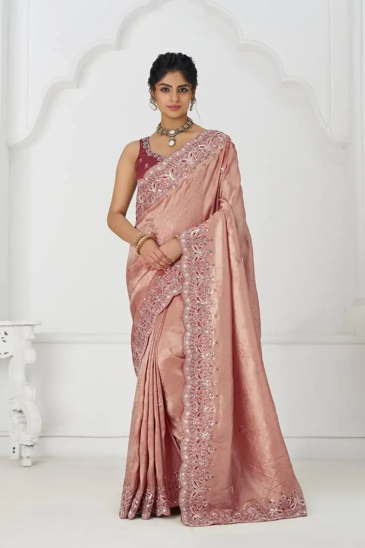 Pink viscose silk blend saree with sequin and beads embroidery